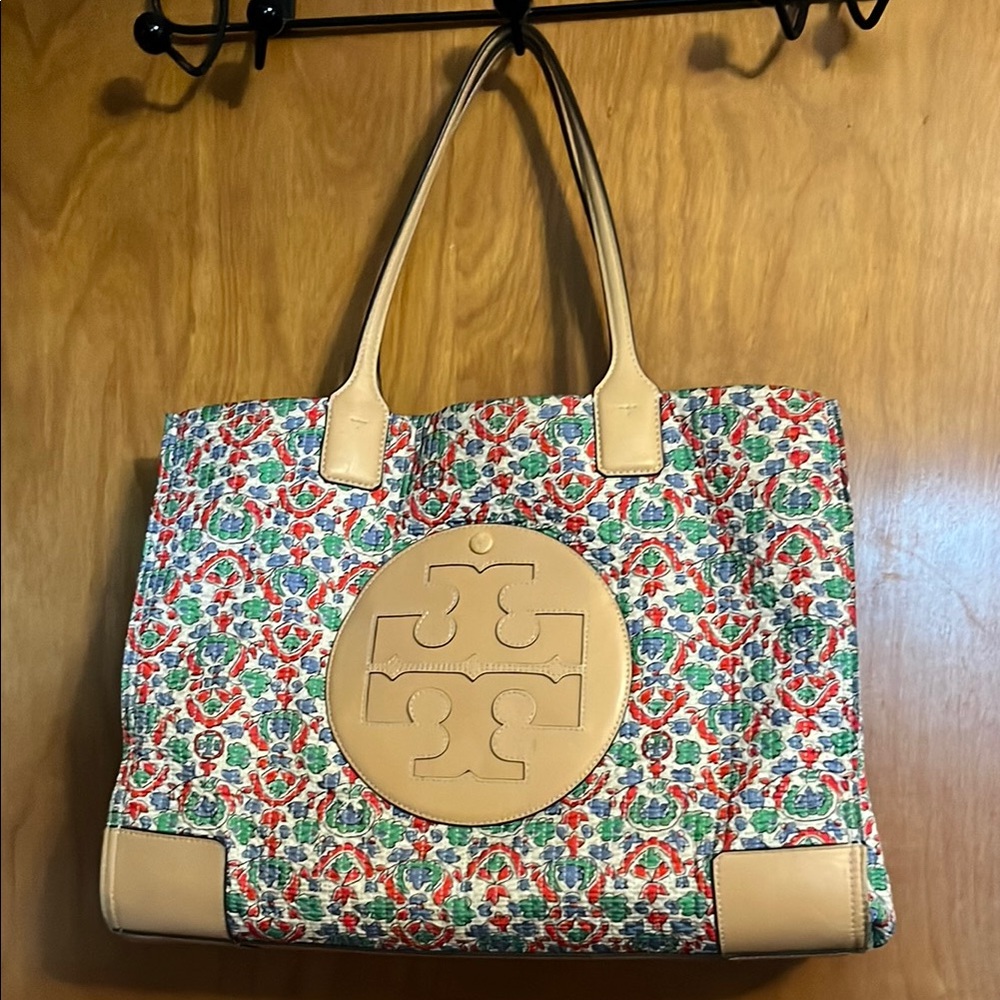 Tory Burch Floral Pattern Tote with Tan Accents